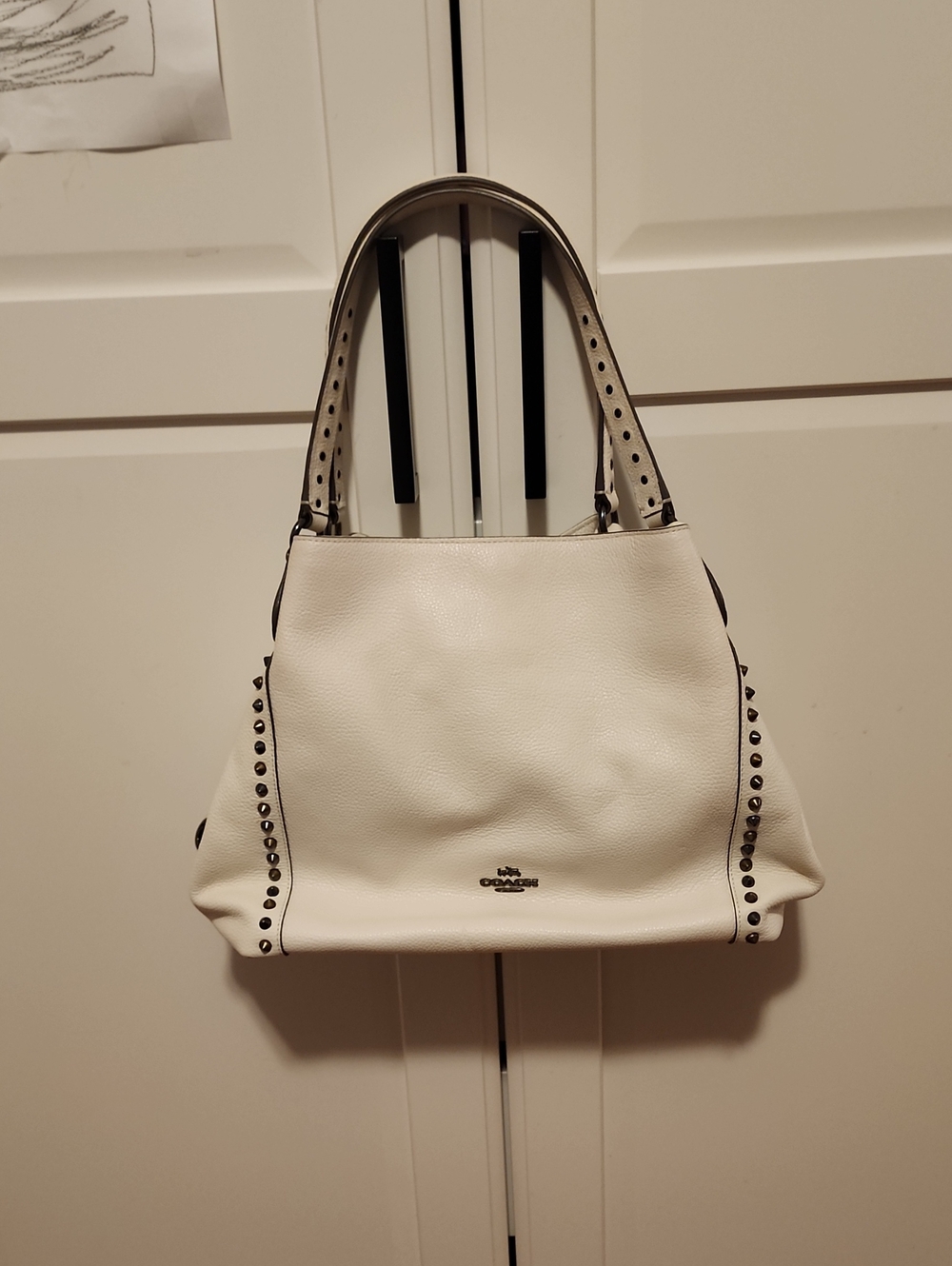 Coach White Pebble Leather Studded Shoulder Tote